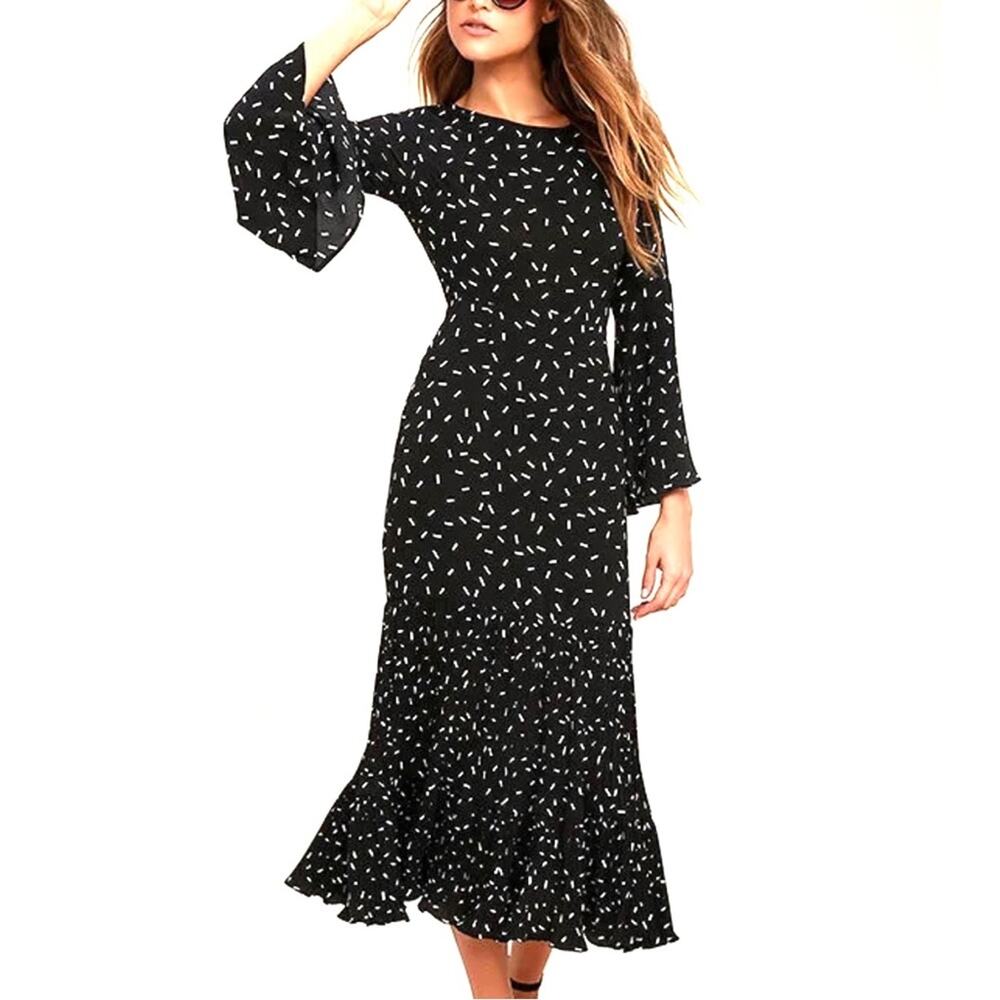 I. Madeline Dashing Diva Black Print Midi Dress Size Small
